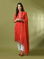 Myshka Women's Red Printed Kota Straight Party Kurta Set With Dupatta | Grocsy