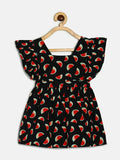 Manet Girls Cotton V Neck Frill Frock Watermelon Printed - Black | Grocsy