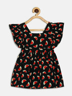 Manet Girls Cotton V Neck Frill Frock Watermelon Printed - Black | Grocsy
