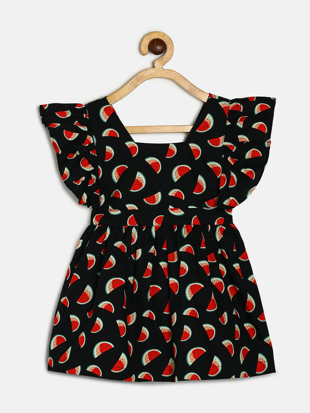 Manet Girls Cotton V Neck Frill Frock Watermelon Printed - Black | Grocsy