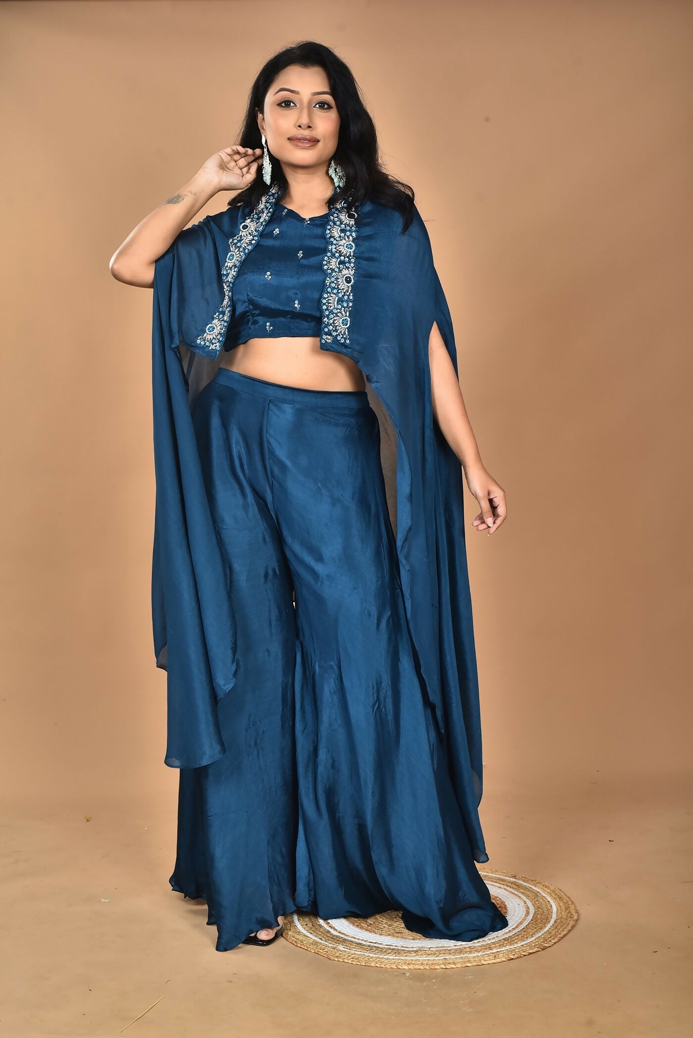Morchari Women And Hand Embroidery Palazzo Set-Blue | Grocsy
