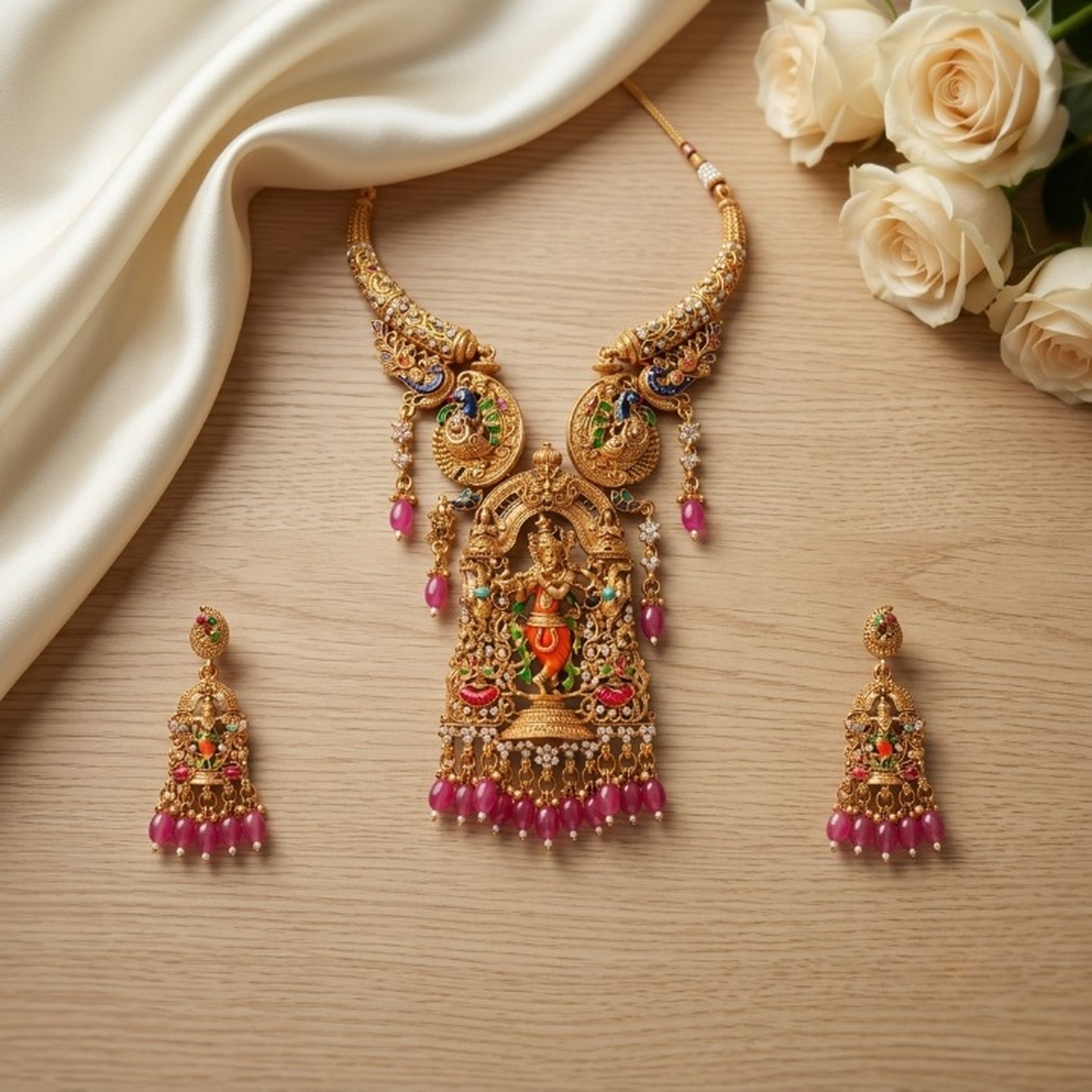 Jewel City Antique Gold Plated South Indian Temple Jewelry Set - Krishna Motif Necklace with Jhumka Earrings for Weddings | Grocsy