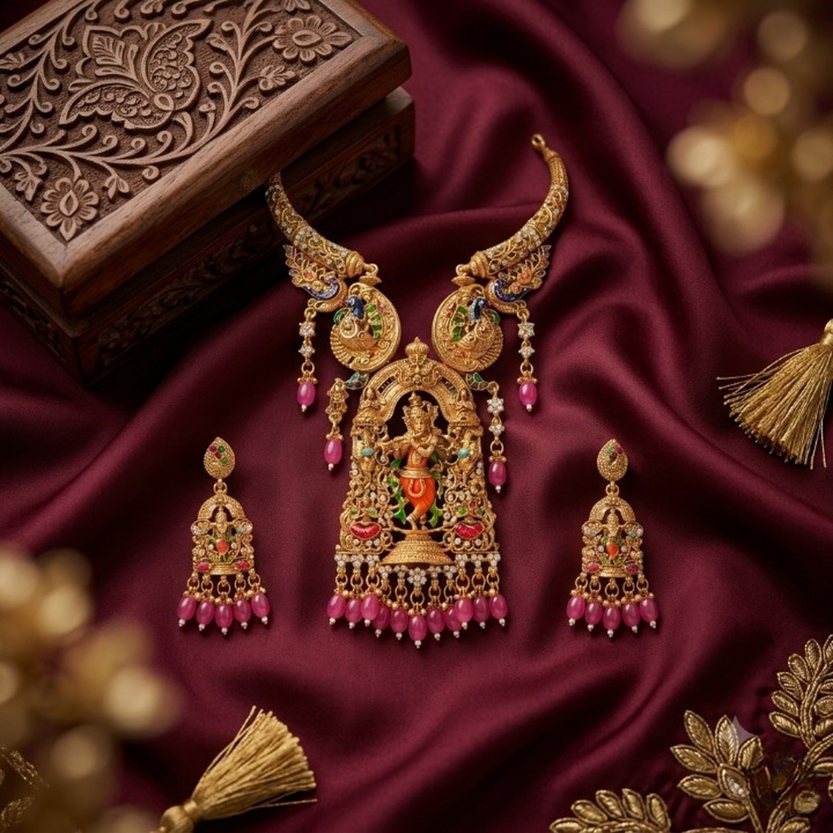 Jewel City Antique Gold Plated South Indian Temple Jewelry Set - Krishna Motif Necklace with Jhumka Earrings for Weddings | Grocsy
