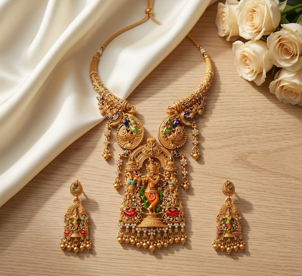 Jewel City Antique Gold Plated South Indian Temple Jewelry Set - Krishna Motif Necklace with Jhumka Earrings for Weddings | Grocsy