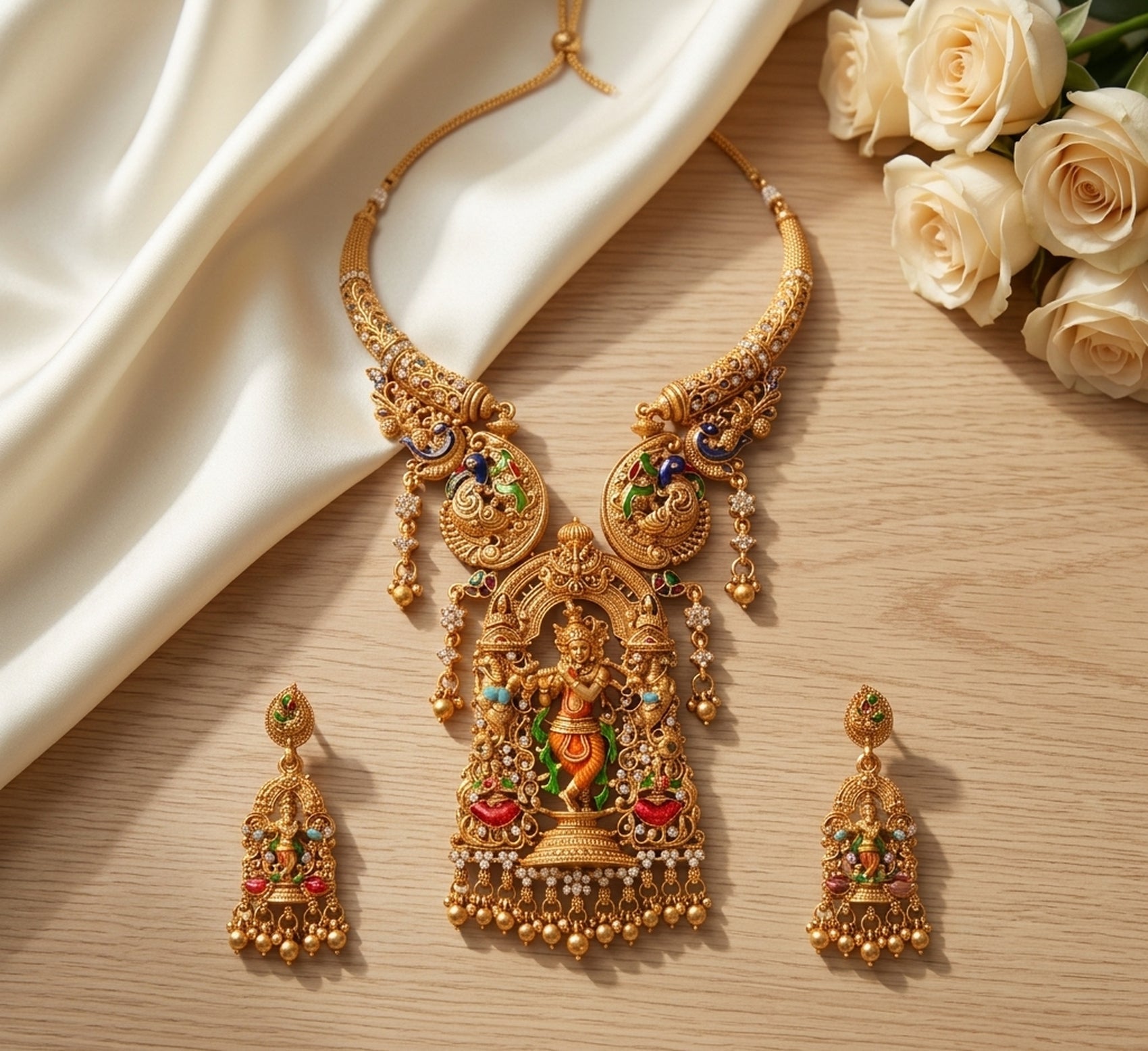 Jewel City Antique Gold Plated South Indian Temple Jewelry Set - Krishna Motif Necklace with Jhumka Earrings for Weddings | Grocsy
