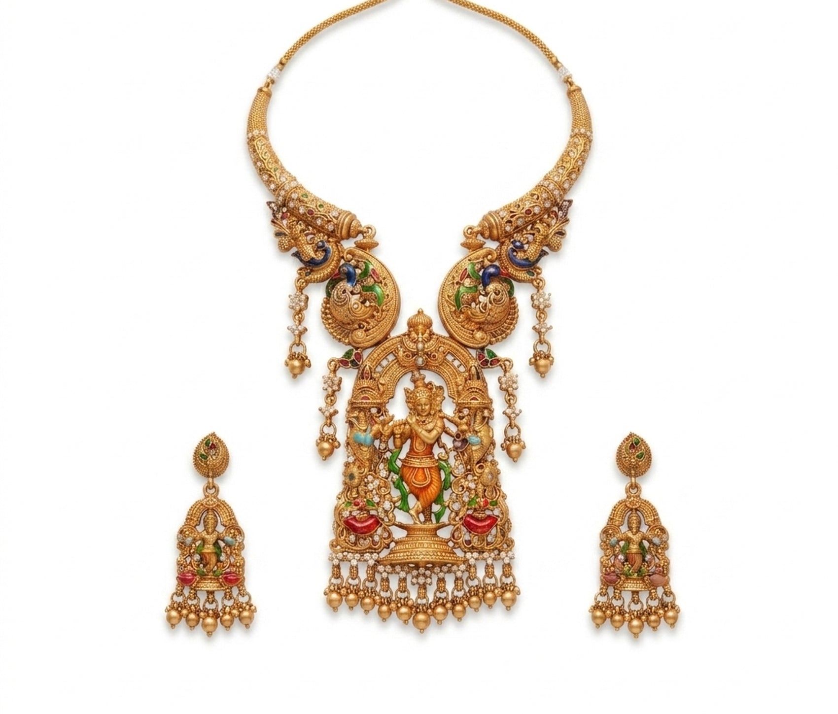 Jewel City Antique Gold Plated South Indian Temple Jewelry Set - Krishna Motif Necklace with Jhumka Earrings for Weddings | Grocsy