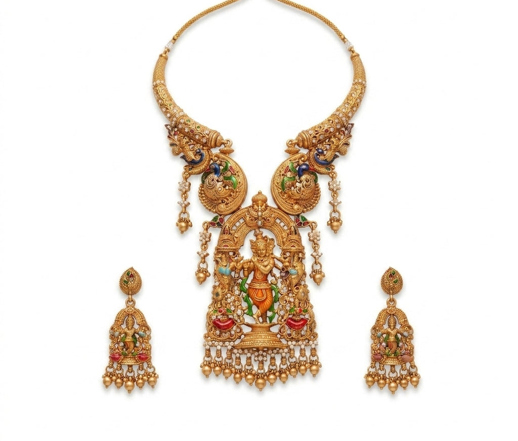 Jewel City Antique Gold Plated South Indian Temple Jewelry Set For Weddings | Grocsy