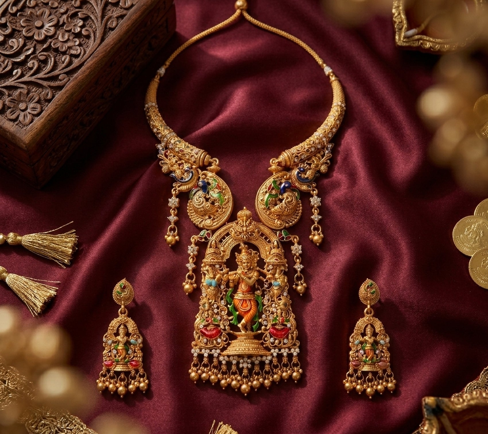 Jewel City Antique Gold Plated South Indian Temple Jewelry Set - Krishna Motif Necklace with Jhumka Earrings for Weddings | Grocsy