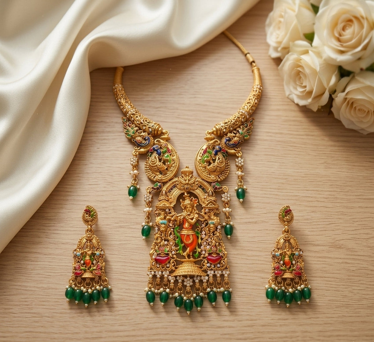 Jewel City Gold Antique Gold Plated Krishna Motif South Indian Temple Jewelry Set For Weddings | Grocsy