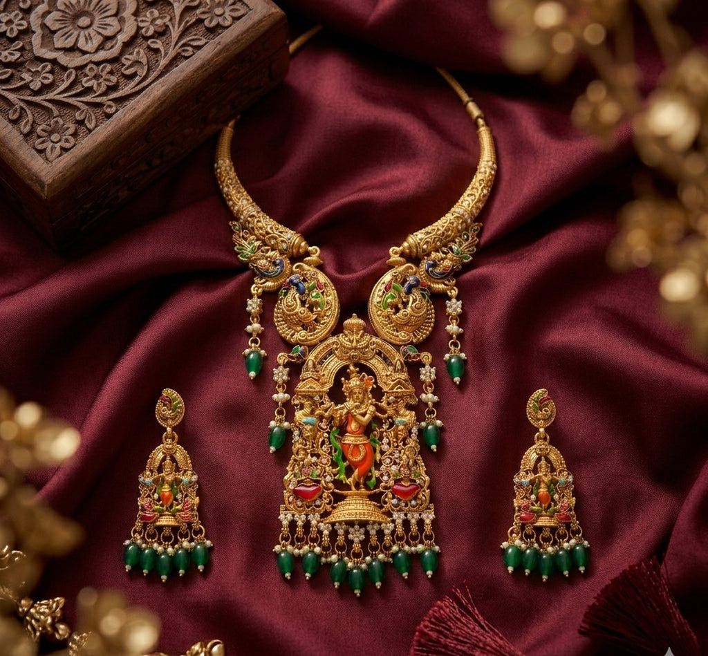 Jewel City Antique Gold Plated South Indian Temple Jewelry Set - Krishna Motif Necklace with Jhumka Earrings for Weddings | Grocsy