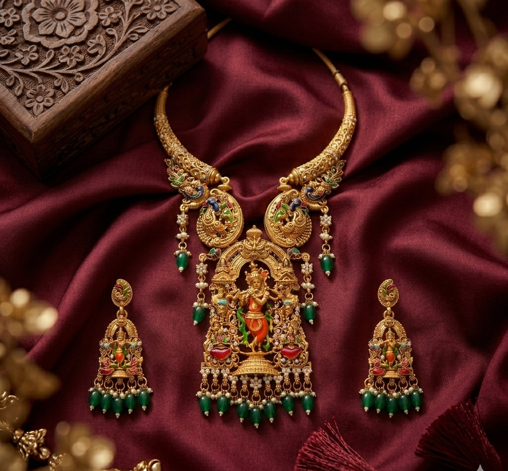 Jewel City Antique Gold Plated South Indian Temple Jewelry Set - Krishna Motif Necklace with Jhumka Earrings for Weddings | Grocsy
