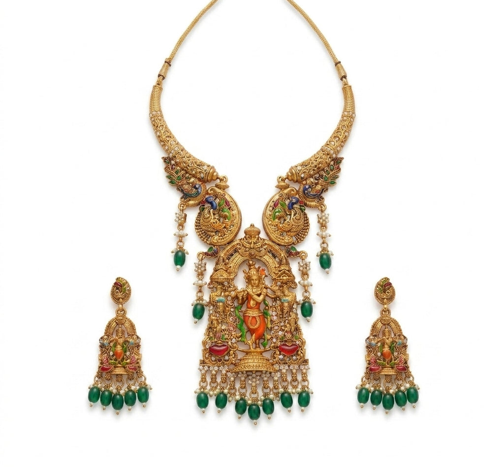 Jewel City Antique Gold Plated South Indian Temple Jewelry Set - Krishna Motif Necklace with Jhumka Earrings for Weddings | Grocsy