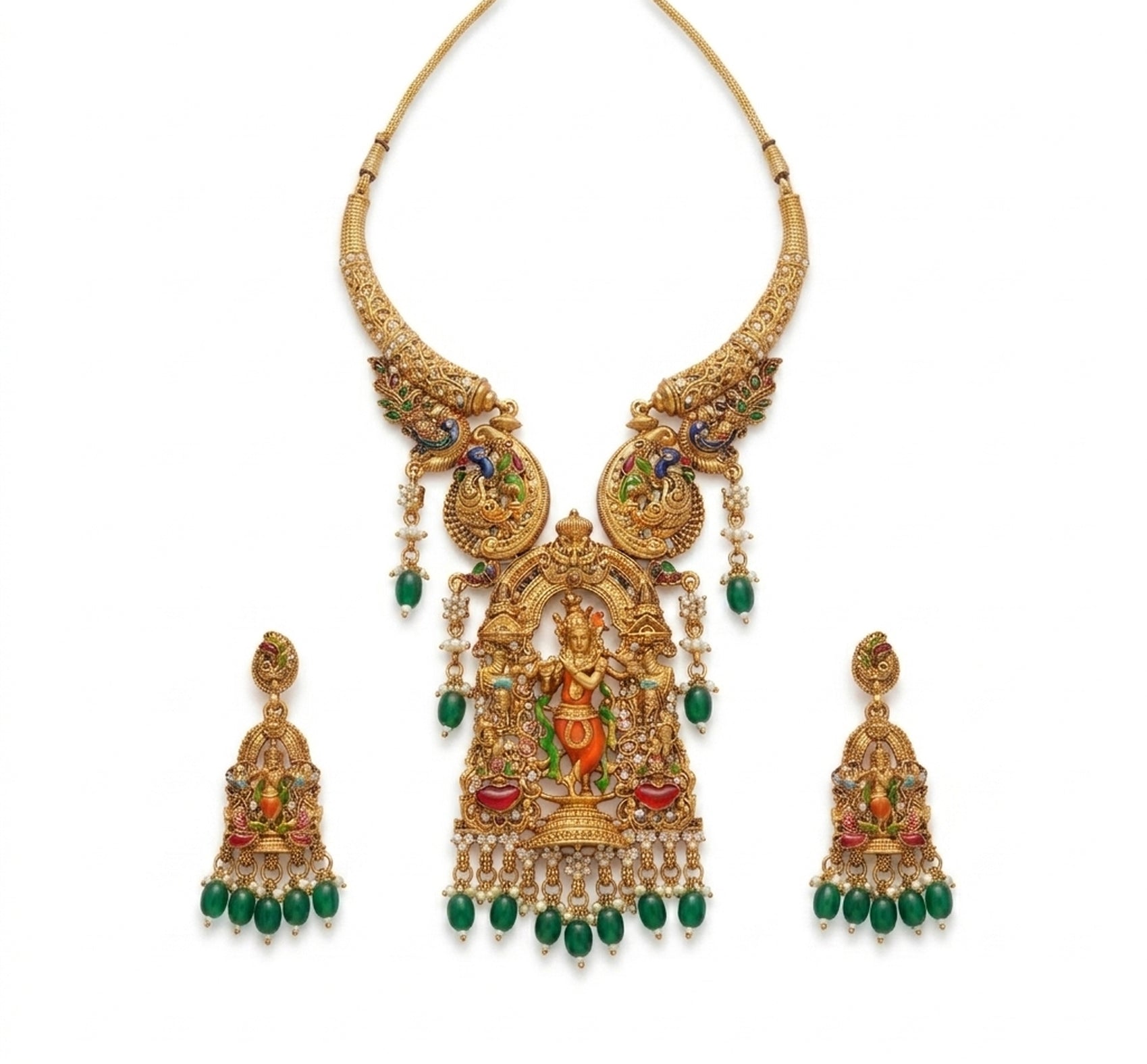 Jewel City Antique Gold Plated South Indian Temple Jewelry Set - Krishna Motif Necklace with Jhumka Earrings for Weddings | Grocsy