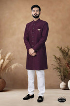 Joban Fashion Men's Wine Straight Silk Thread & Sequence Embroidery All Over Indo-Western Kurta Set | Grocsy