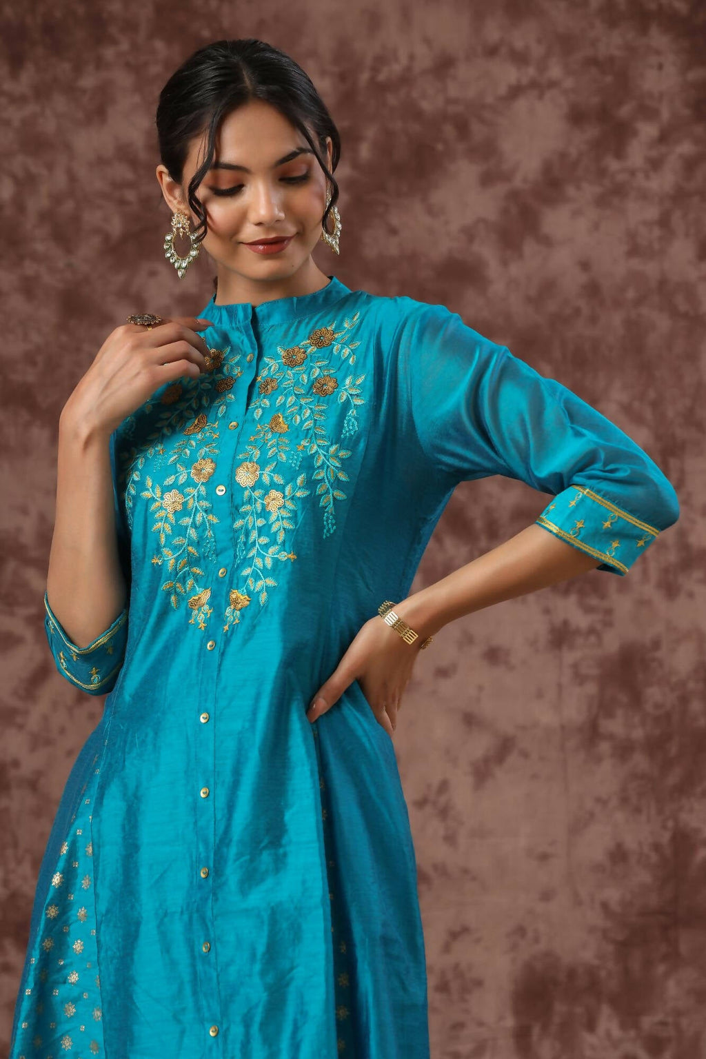 Juniper Women Teal Chanderi Silk Embroidered & Printed Anarkali Kurta | Grocsy