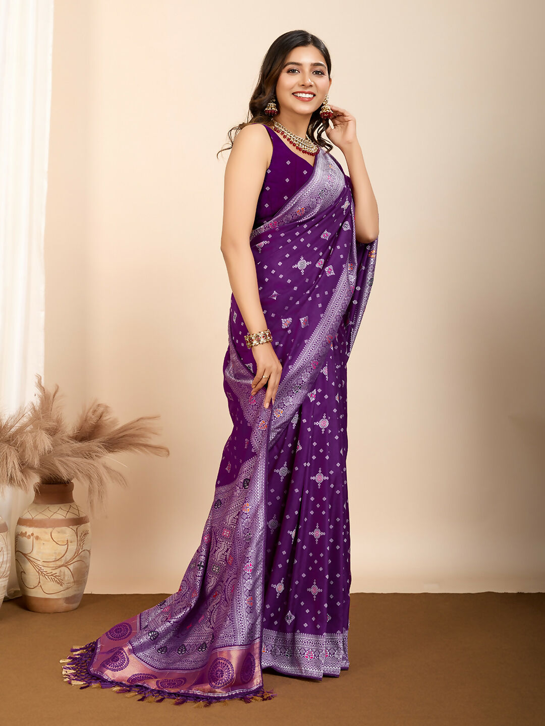 Purple Soft Silk Woven Meenakari Designer Saree - Vedanti | Grocsy