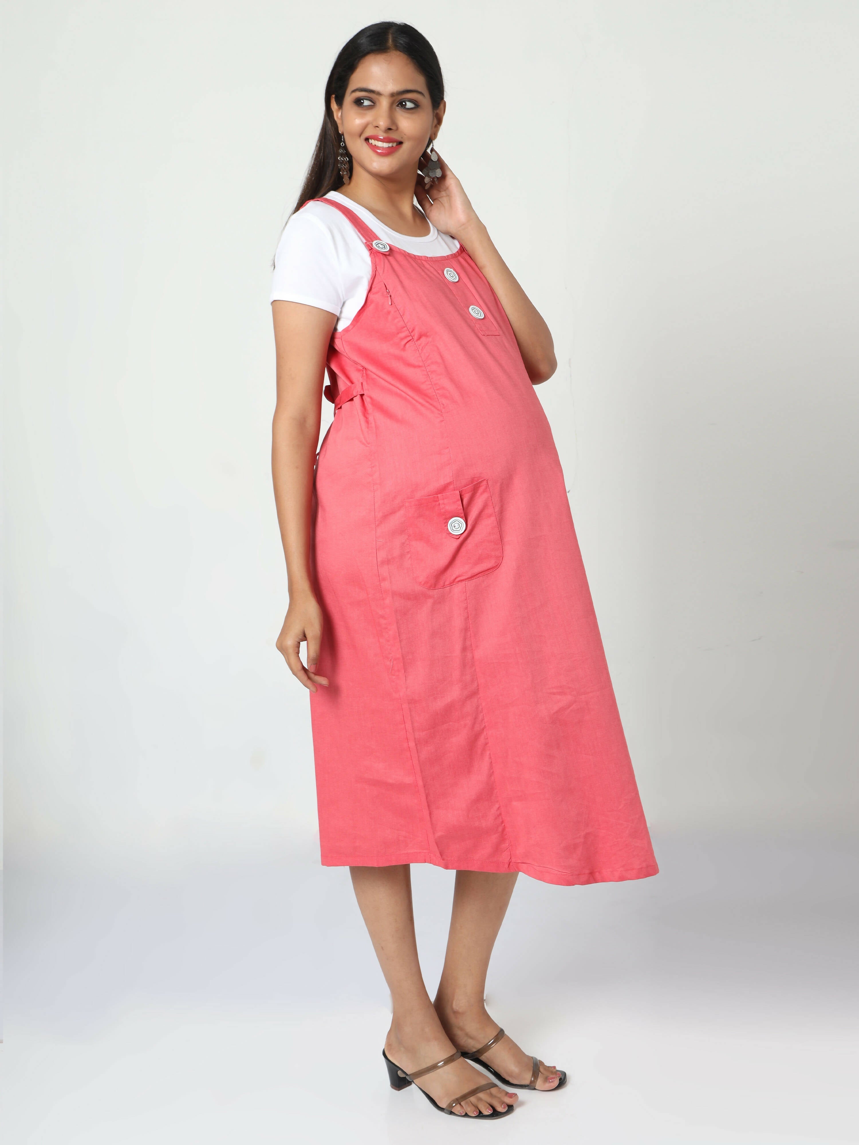 Manet Half Sleeves Solid Maternity Dress With Concealed Zipper Nursing Access - Red | Grocsy