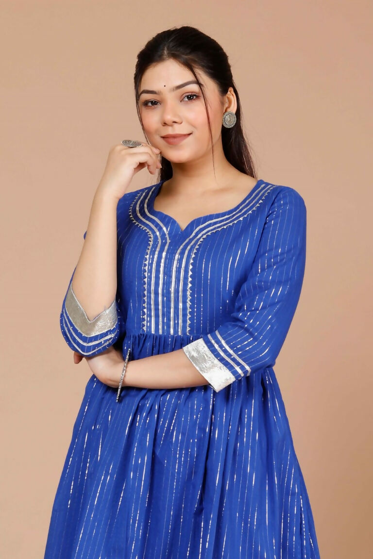 Miravan Women's Blue Printed Pure Cotton A-Line Kurti With Sharara | Grocsy