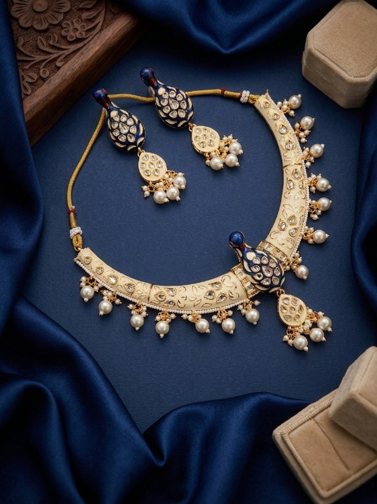 Jewel City Cream Royal Peacock Meenakari Necklace Set With Pearl Drops | Grocsy