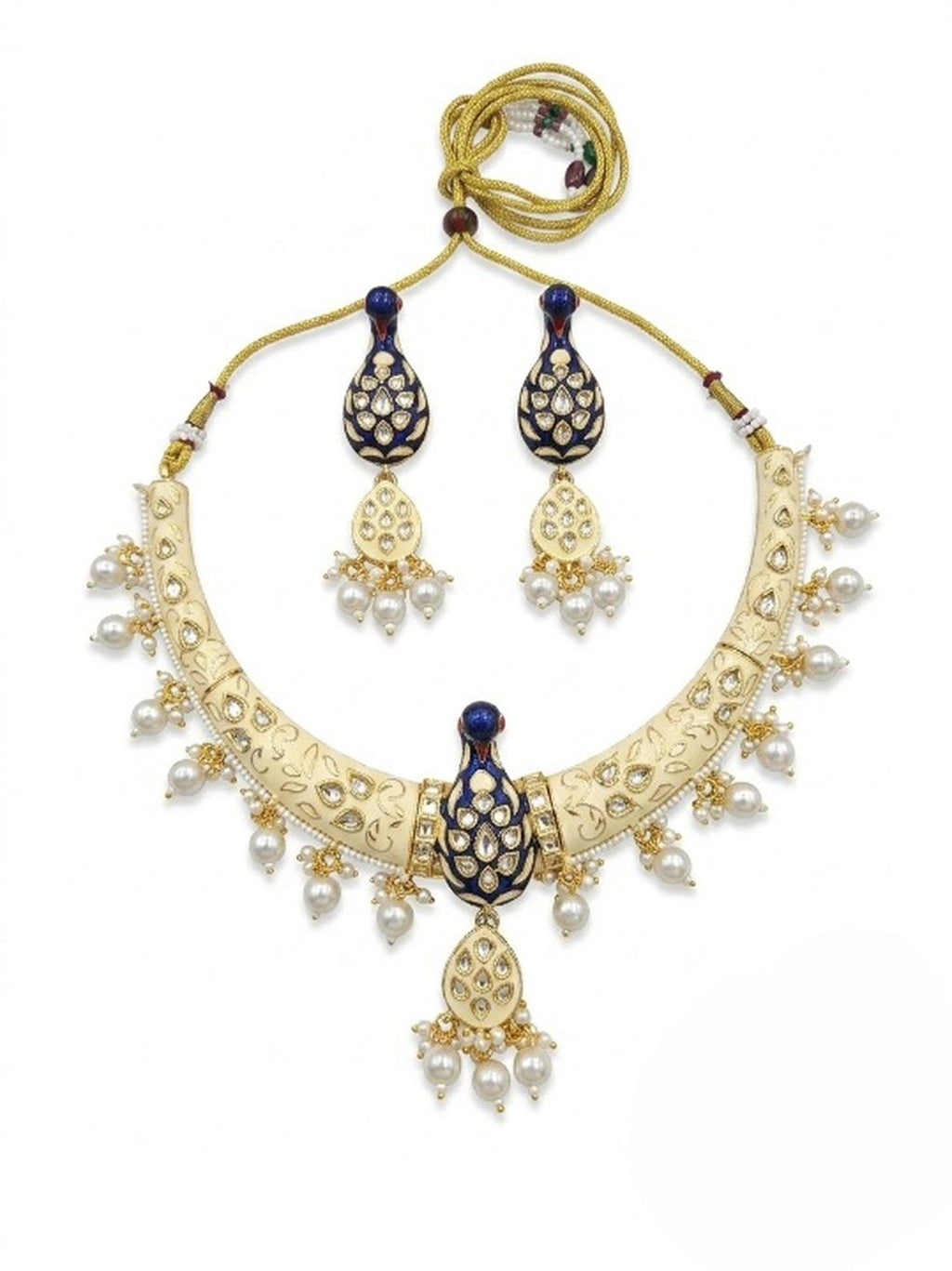 Jewel City Cream Royal Peacock Meenakari Necklace Set With Pearl Drops | Grocsy