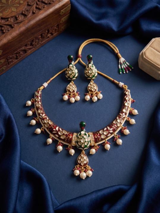 Jewel City Multicolor Royal Peacock Meenakari Kundan Necklace Set With Pearl Drops | Grocsy