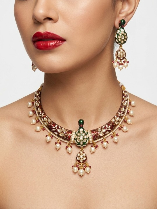 Jewel City Multicolor Royal Peacock Meenakari Kundan Necklace Set With Pearl Drops | Grocsy