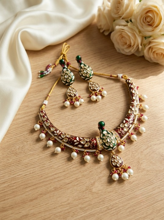 Jewel City Multicolor Royal Peacock Meenakari Kundan Necklace Set With Pearl Drops | Grocsy