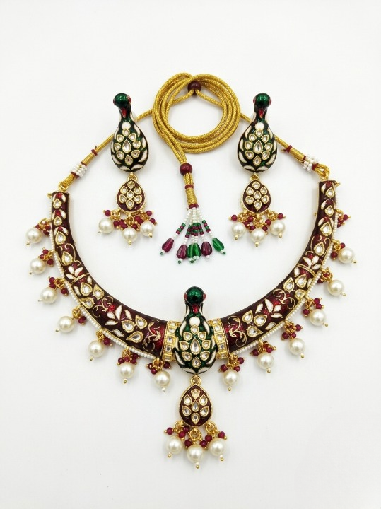 Jewel City Multicolor Royal Peacock Meenakari Kundan Necklace Set With Pearl Drops | Grocsy