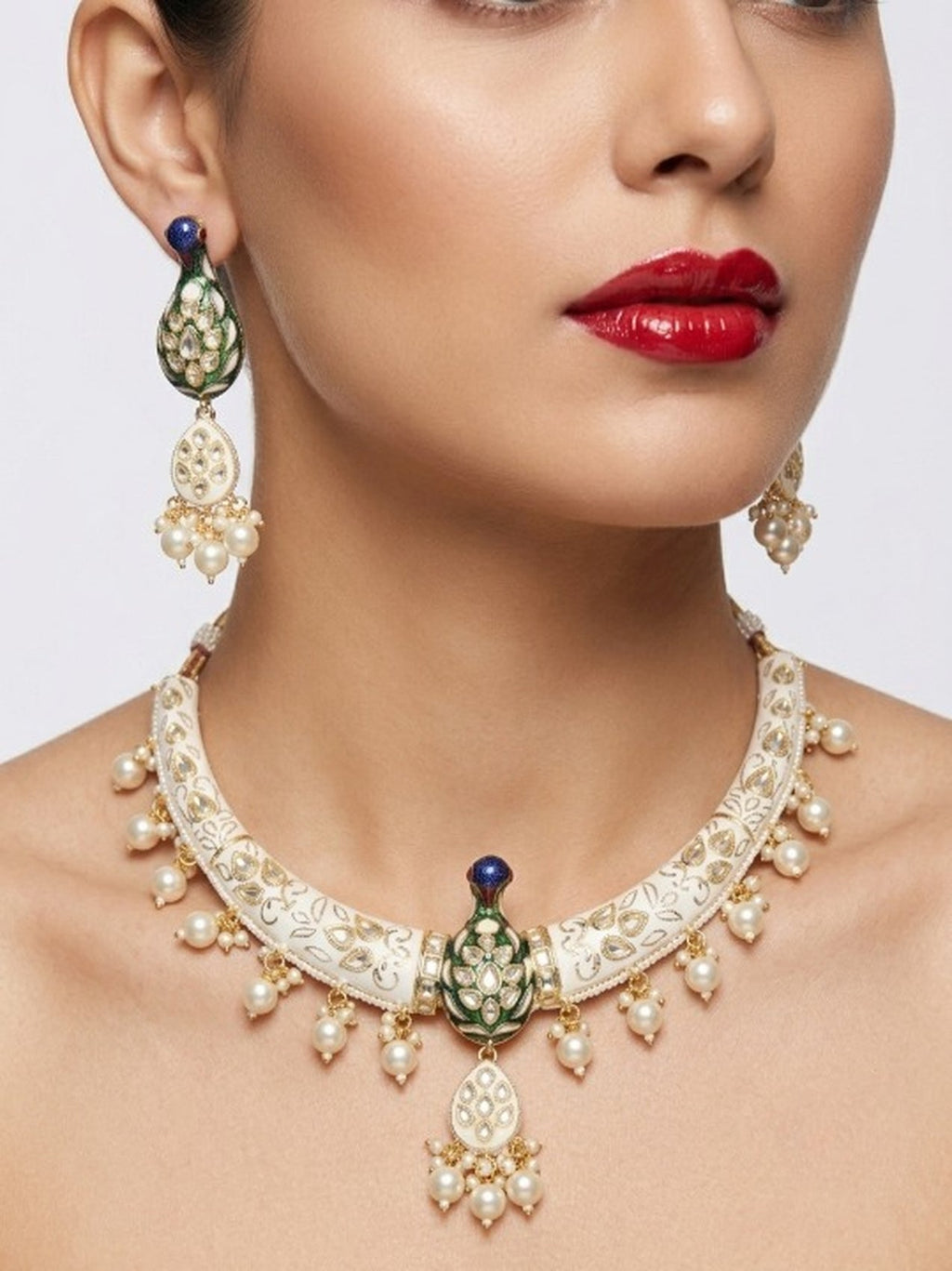 Jewel City White Royal Peacock Meenakari Kundan Necklace Set With Pearl Drops | Grocsy