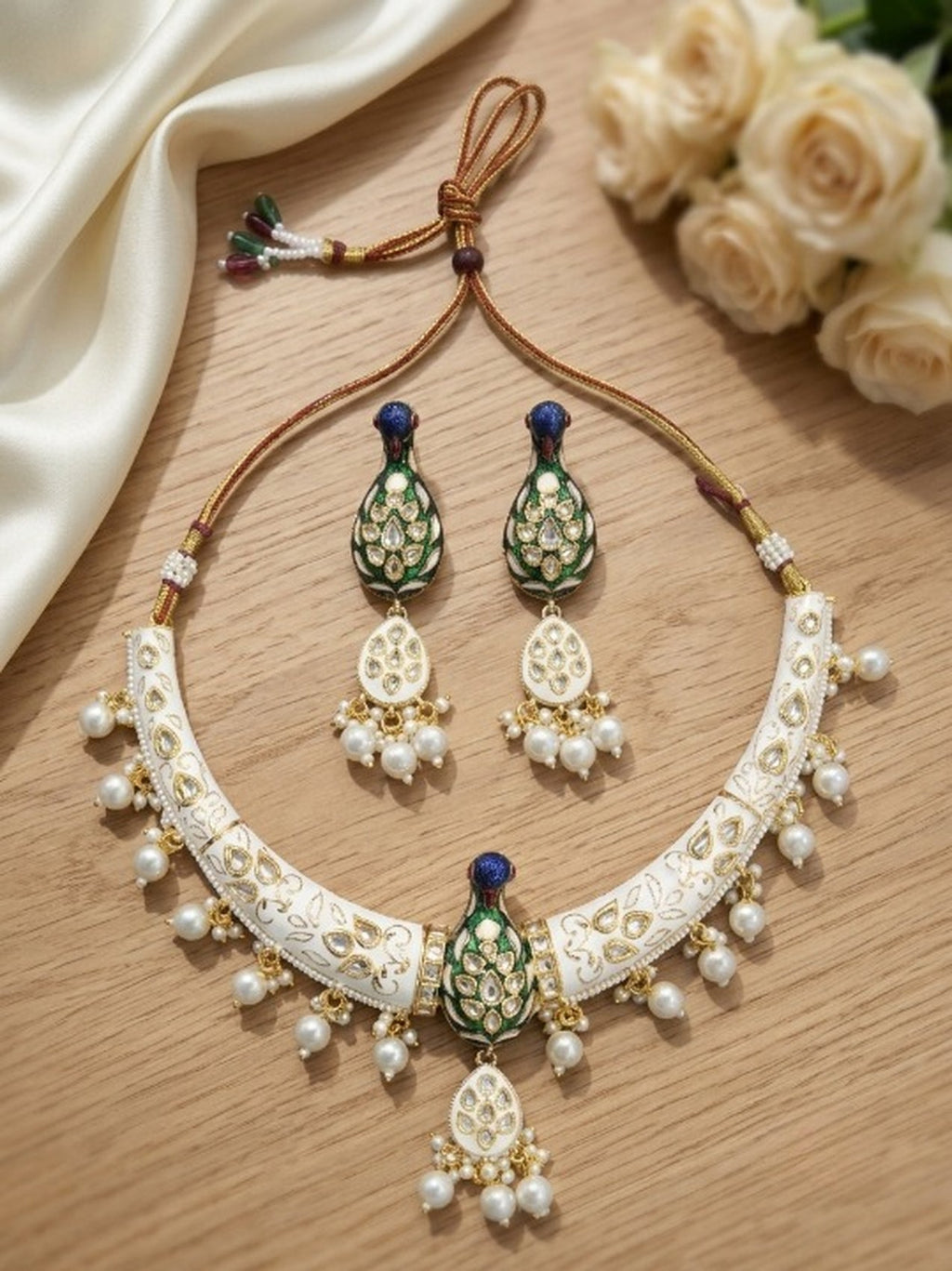 Jewel City White Royal Peacock Meenakari Kundan Necklace Set With Pearl Drops | Grocsy