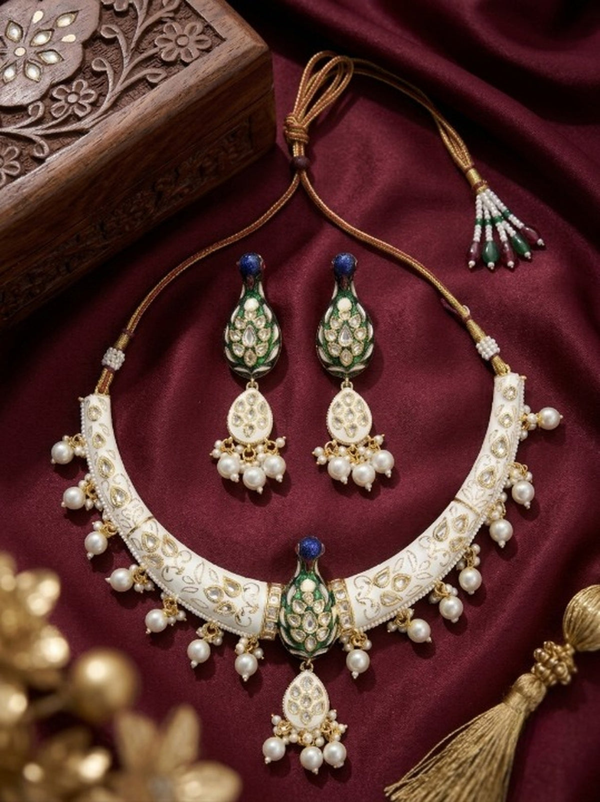 Jewel City White Royal Peacock Meenakari Kundan Necklace Set With Pearl Drops | Grocsy