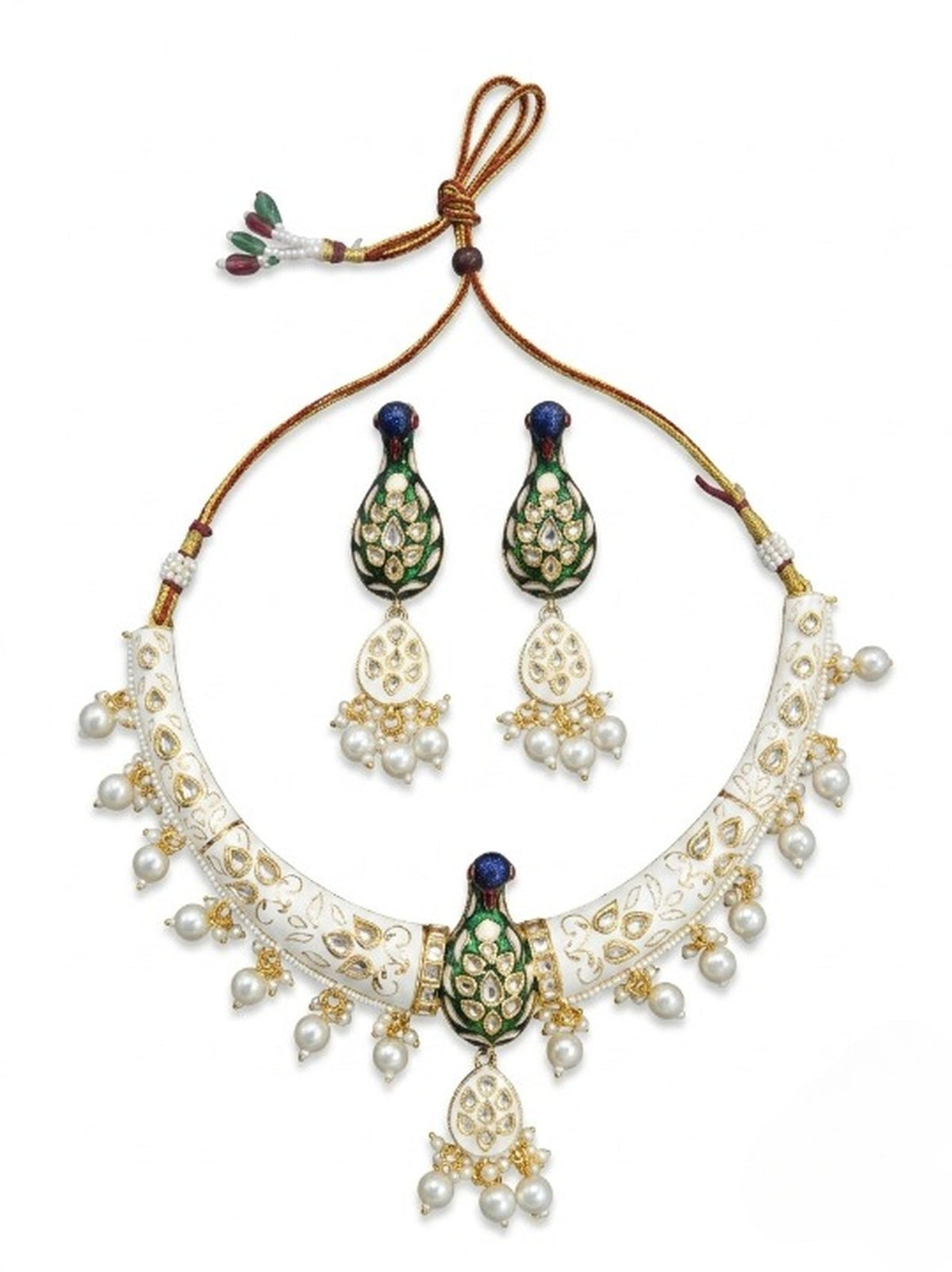 Jewel City White Royal Peacock Meenakari Kundan Necklace Set With Pearl Drops | Grocsy