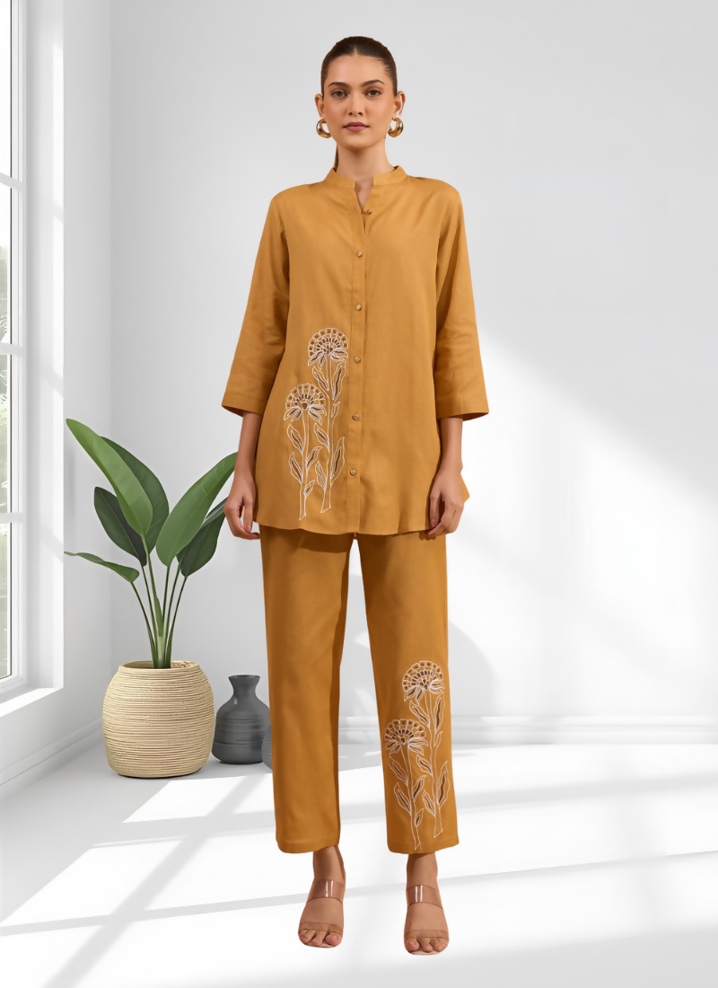 Joban Fashion Coral Cotton, Linen Embroidered Readymade Cord Set | Grocsy