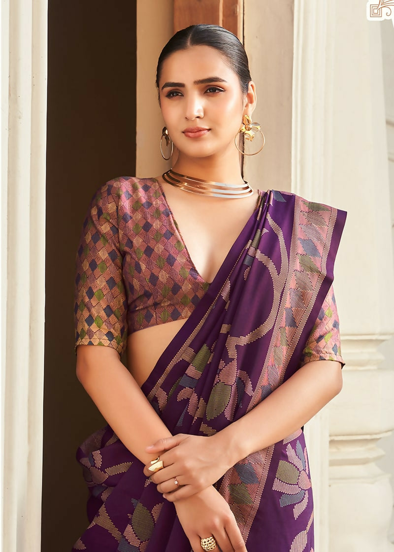 Monjolika Fashion Silk Blend Purple Printed Saree | Grocsy