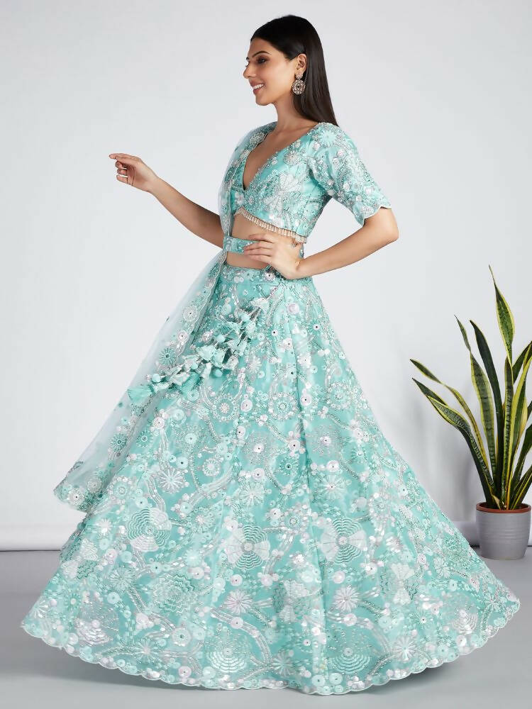 House of Panchhi Turquoise Blue Organza Sequins, Zarkan And Thread Embroidery Lehenga Choli & Dupatta | Grocsy