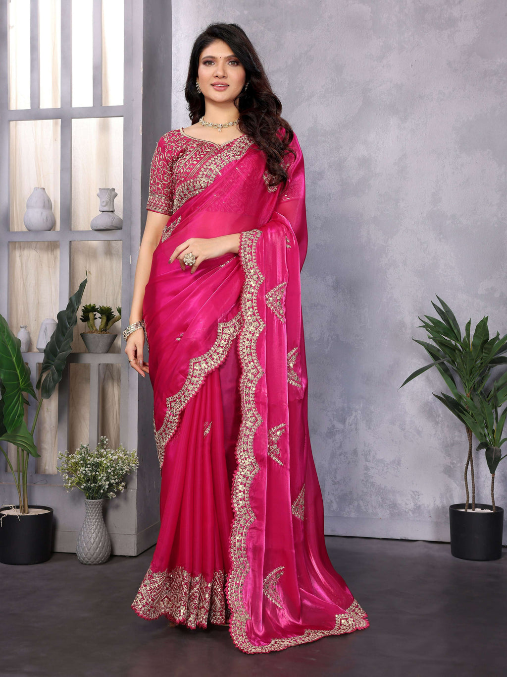 Vastranavya Pink Embroidery Work Shimmer Chiffon Saree with Unstitched Blouse | Grocsy