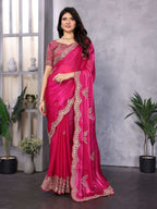 Vastranavya Pink Embroidery Work Shimmer Chiffon Saree with Unstitched Blouse | Grocsy