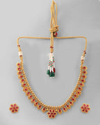 VOJ Gold-Polished Flower Shaped Ruby Stone Studded Jewellery Set | Grocsy