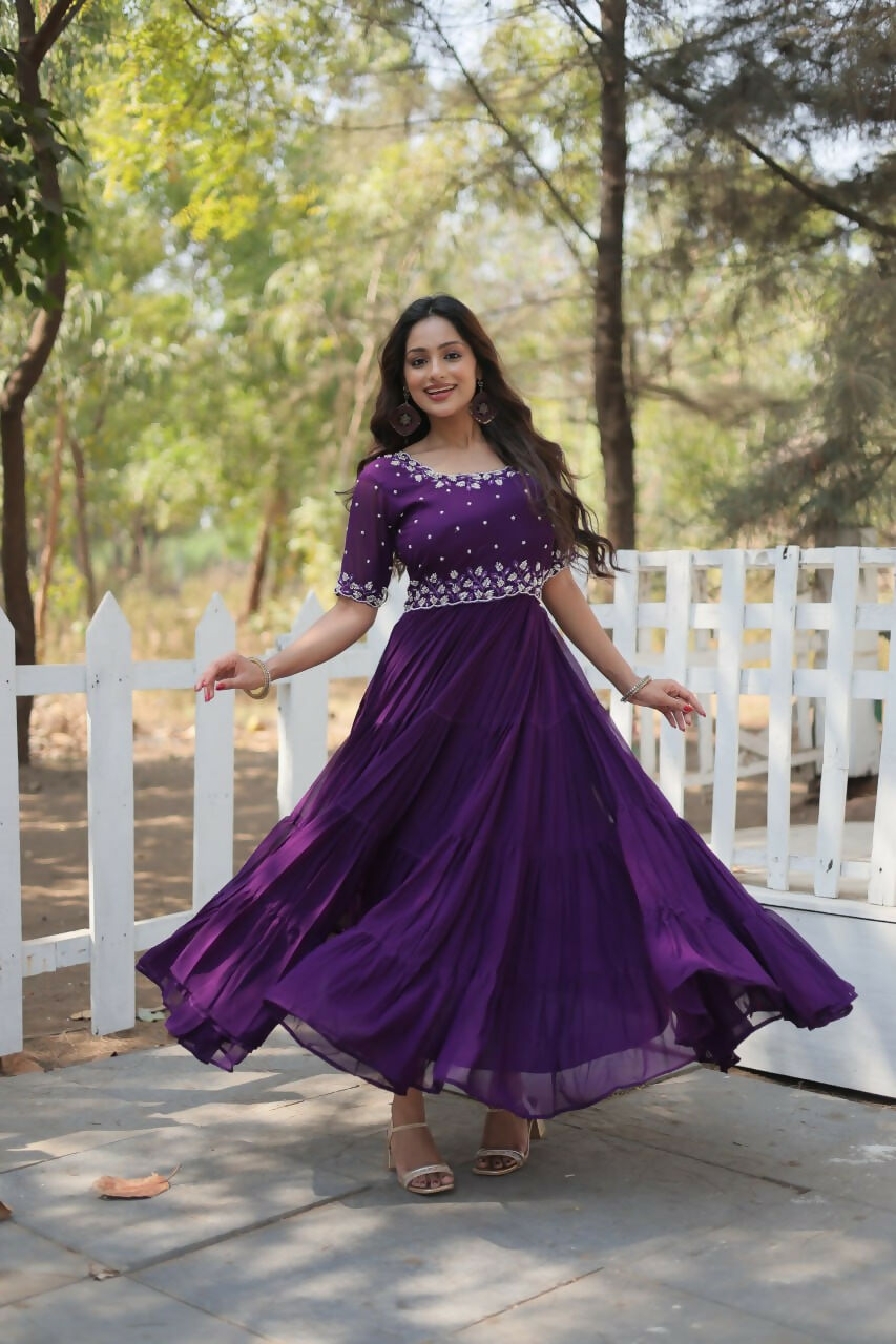 Vastranavya Faux Blooming with Beads embroidery-work Gown - Purple | Grocsy