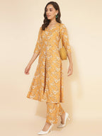 Janasya Women's Mustard Moss Floral Printed Casual Front Slit Co-ords | Grocsy