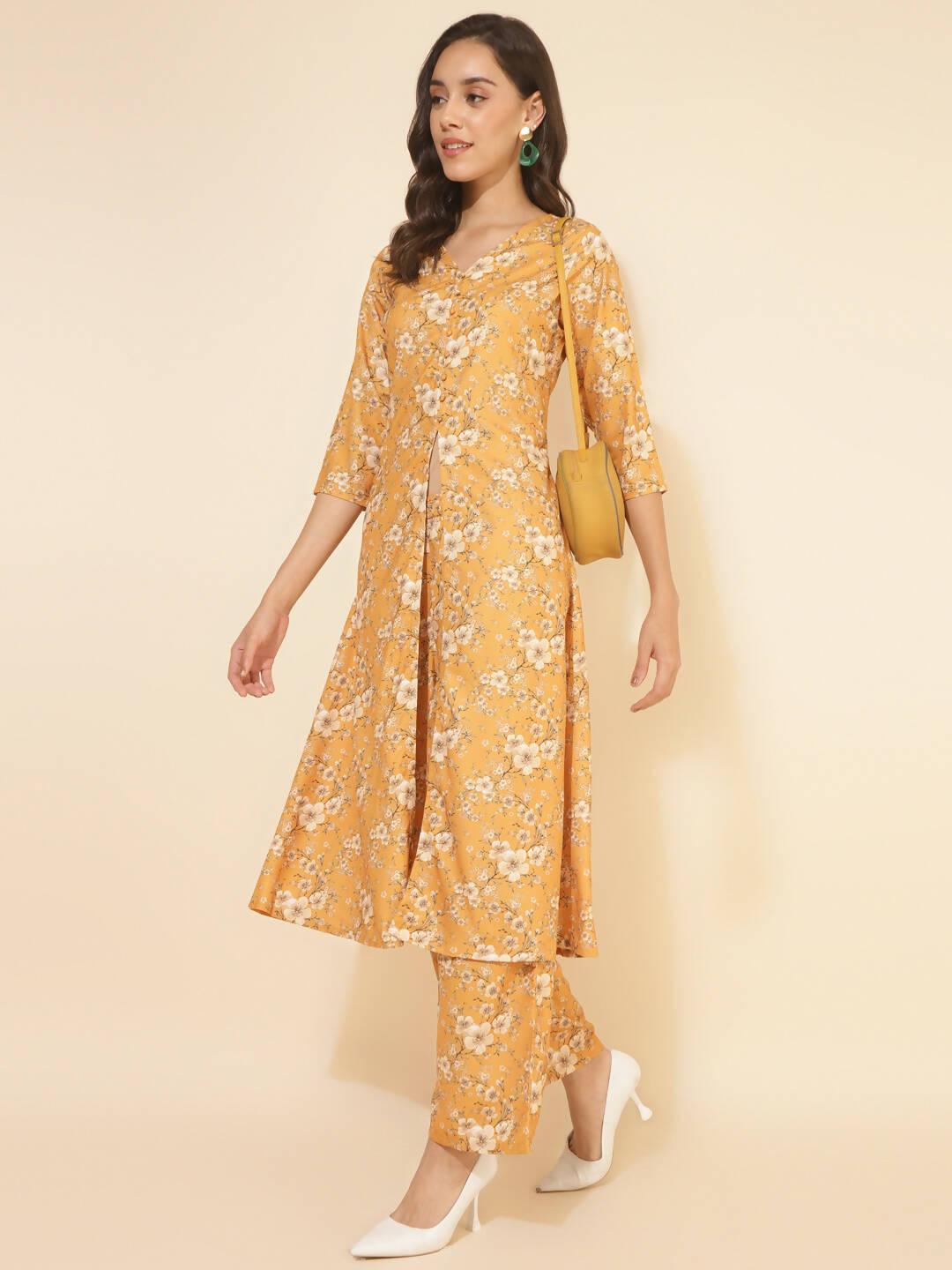 Janasya Women's Mustard Moss Floral Printed Casual Front Slit Co-ords | Grocsy