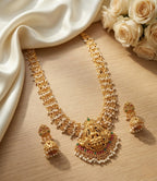 Jewel City Gold Plated South Indian Temple Jewelry Set Long Lakshmi Necklace with Pearl Jhumka Earrings Bridal Wedding | Grocsy