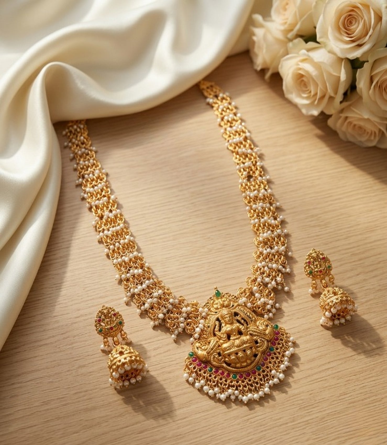 Jewel City Gold Plated South Indian Temple Jewelry Set Long Lakshmi Necklace with Pearl Jhumka Earrings Bridal Wedding | Grocsy