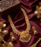 Jewel City Gold Plated South Indian Temple Jewelry Set Long Lakshmi Necklace with Pearl Jhumka Earrings Bridal Wedding | Grocsy
