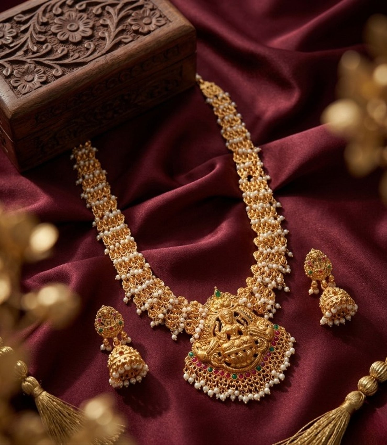 Jewel City Gold Plated South Indian Temple Jewelry Set Long Lakshmi Necklace with Pearl Jhumka Earrings Bridal Wedding | Grocsy