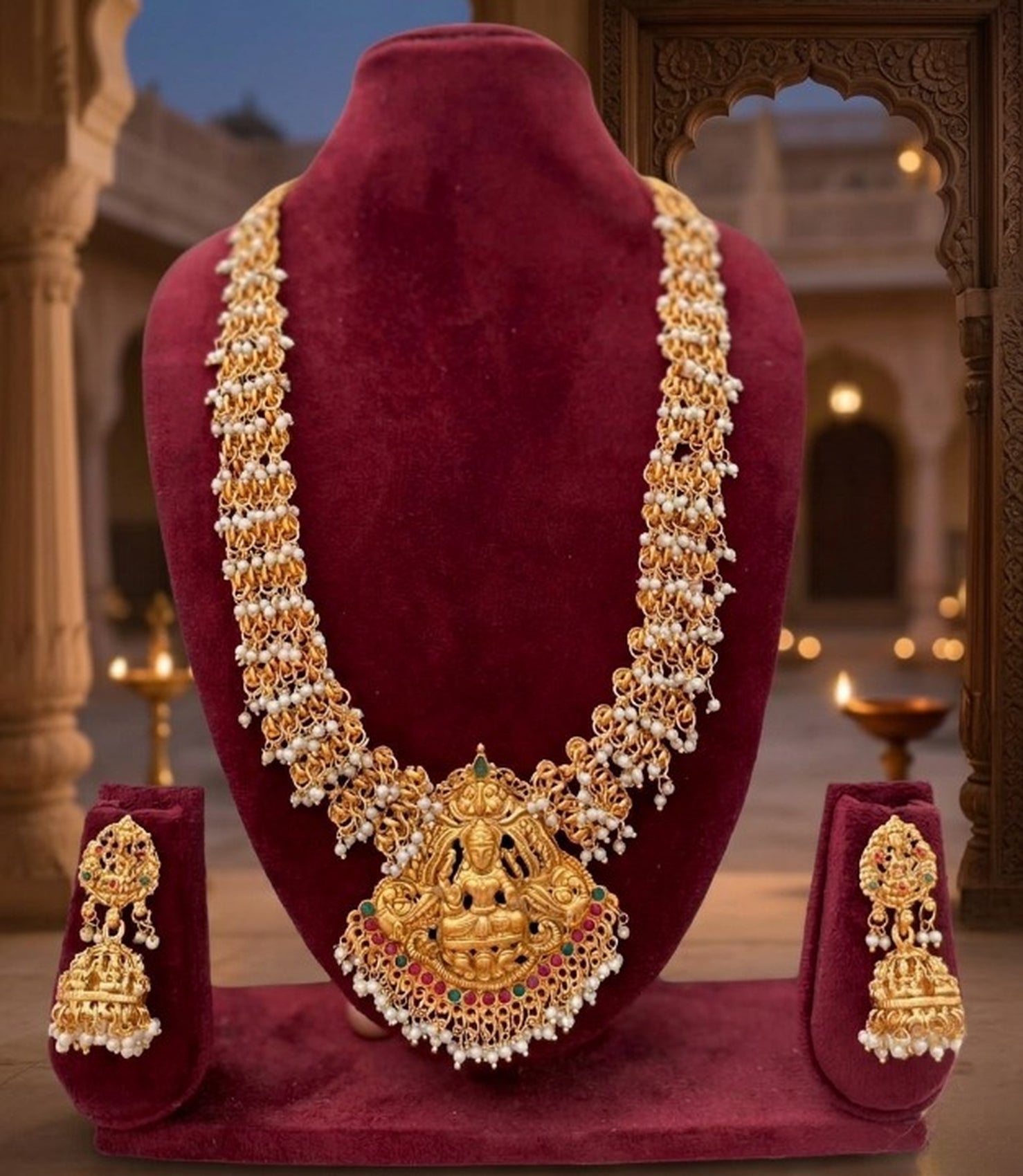 Jewel City Gold Plated South Indian Temple Jewelry Set Long Lakshmi Necklace with Pearl Jhumka Earrings Bridal Wedding | Grocsy
