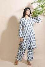 Breathables Women’S Cream Cotton Indian Motif Butta Loungewear Co-Ord Set – Long Kurta & Pants | Grocsy