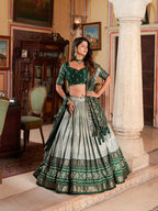Vastranavya Occasionaly Tussar Silk Dot And Ikkat Print With Foil Work Lehenga Choli - Green | Grocsy