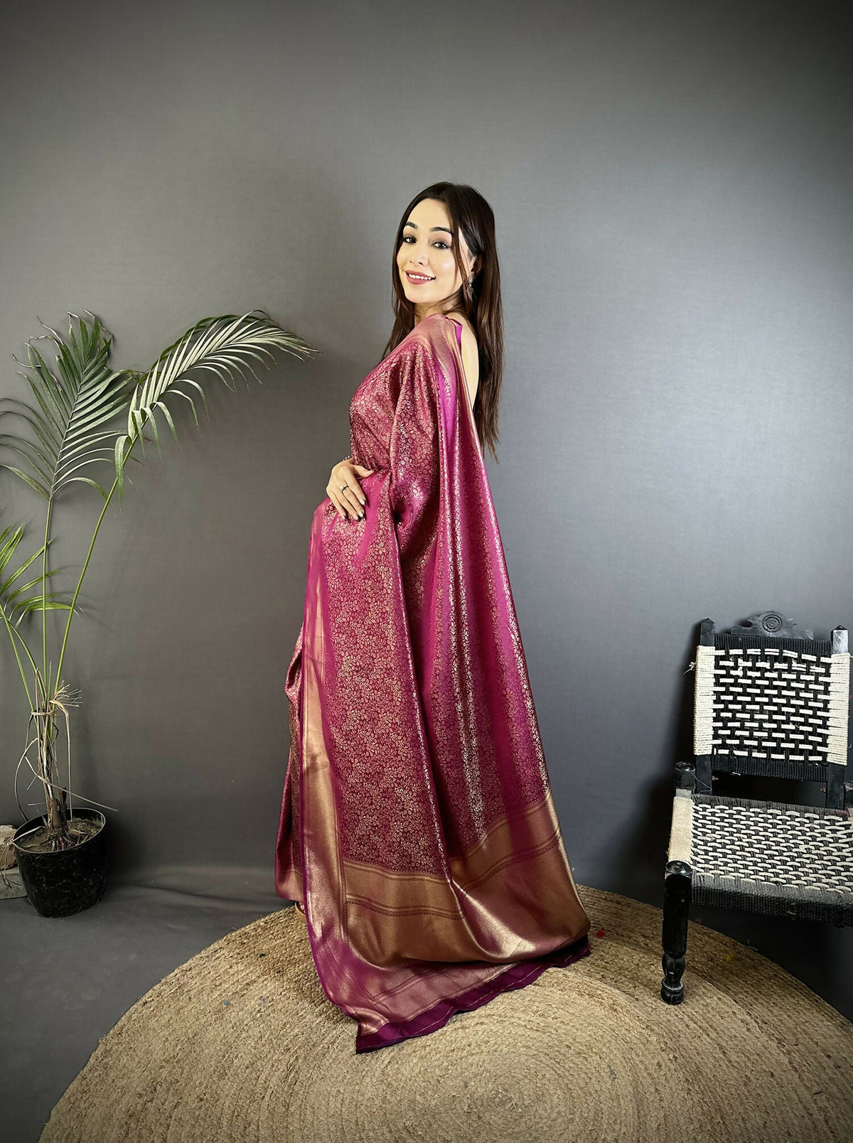 Joban Fashion Purple Floral Motifs & Ethnic Design Soft Satin Silk Kanchipuram Saree | Grocsy