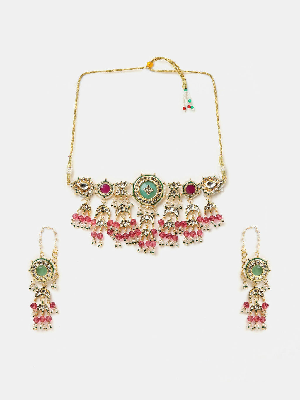 Ruby Raang Kundan Emerald Bloom Necklace With Matching Earrings | Grocsy
